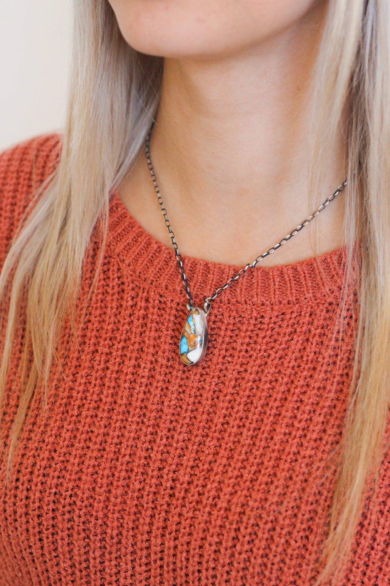 Donovan Skeets Spiny Oyster and Turquoise Teardrop Necklace